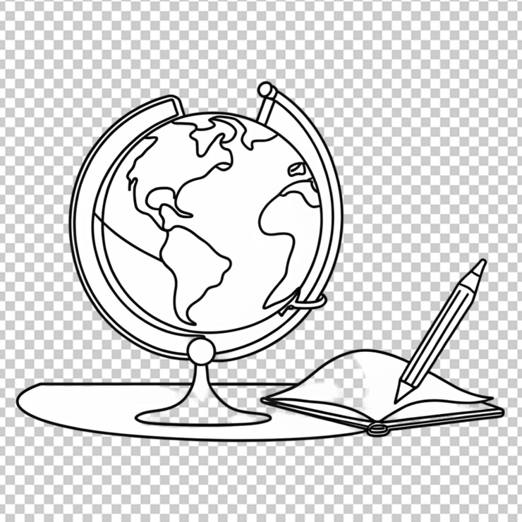 PSD uma linha contínua de caderno de caneta e globo