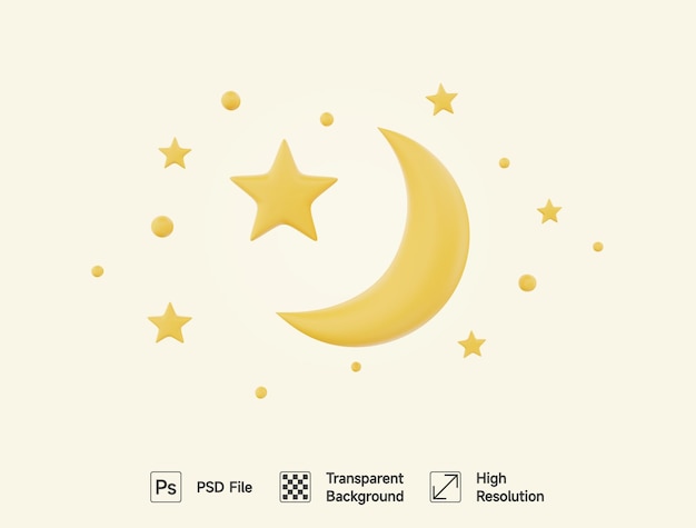 PSD uma lua amarela e estrelas em um fundo branco