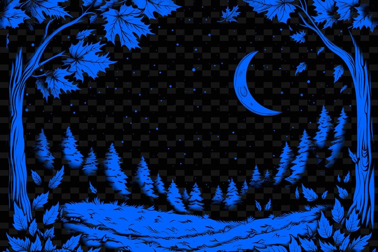 PSD uma lua azul e árvores são mostradas em um céu azul escuro
