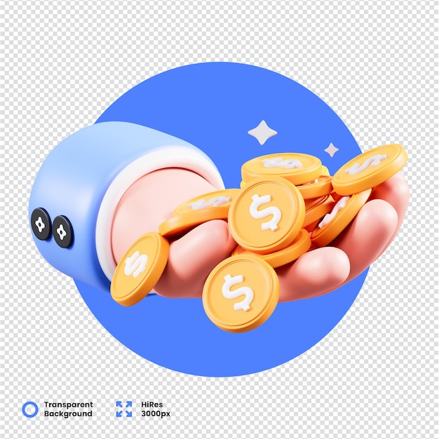 Uma mão colorida oferecendo moedas de ouro em uma divertida ilustração 3D