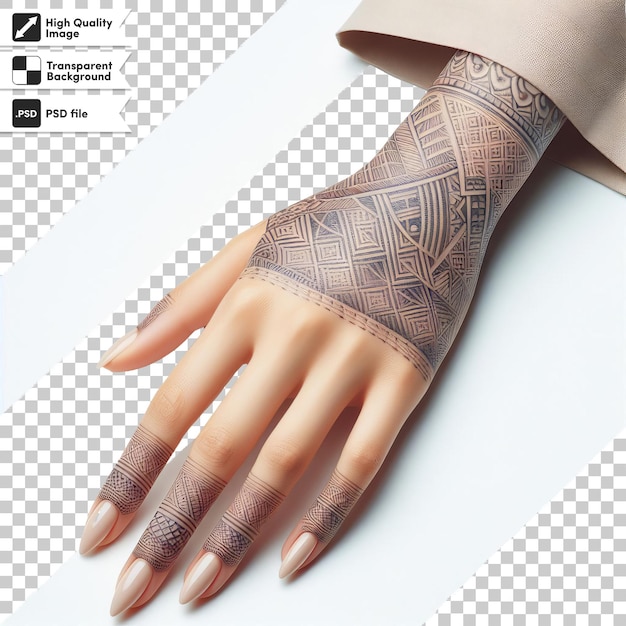 PSD uma mão com uma tatuagem de henna é mostrada em uma página