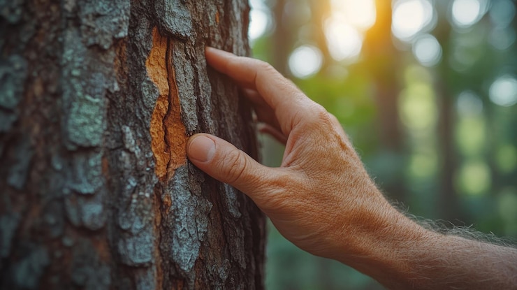 PSD uma mão estende a mão e toca a casca áspera de uma árvore numa floresta iluminada pelo sol