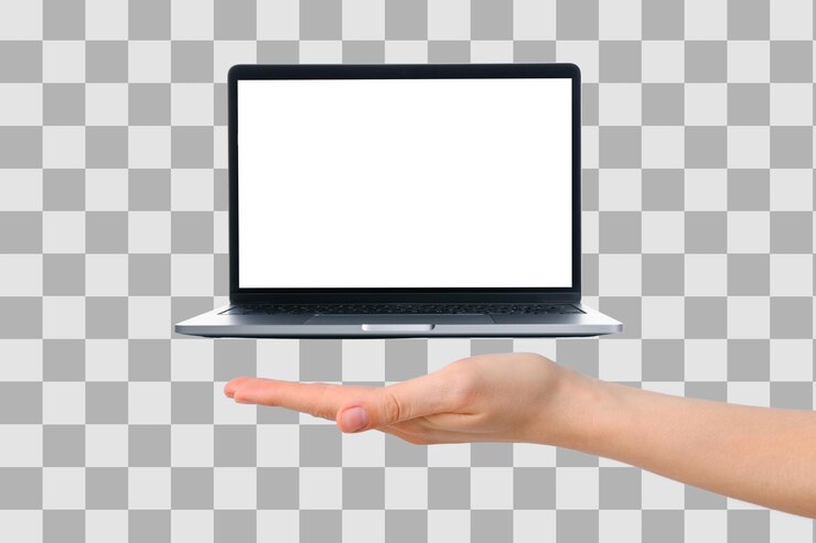 PSD uma mão suporta um laptop moderno pairando acima de uma superfície clara isolada em png branco