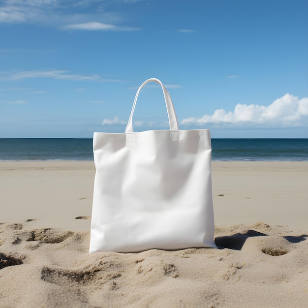 Uma maquete de bolsa branca na areia da praia