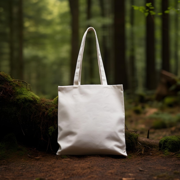 Uma maquete de bolsa branca na floresta em um tronco de árvore