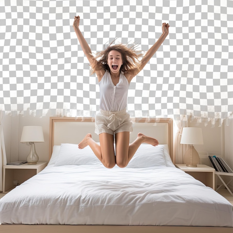 PSD uma menina a saltar de alegria numa cama transparente.