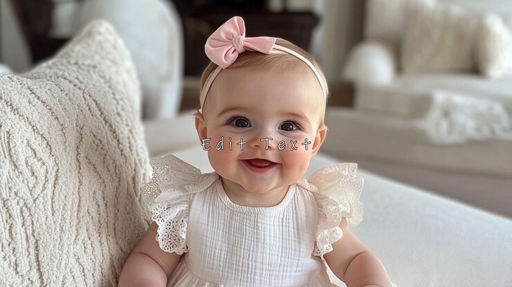 PSD uma menina adorável sorrindo vestindo um vestido branco e uma faixa rosa na cabeça.