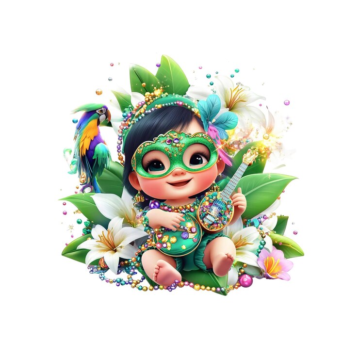 PSD uma menina adorável vestida de mardi gras a tocar ukulele.