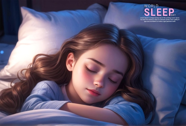 Uma menina bonita a dormir em paz no seu quarto escuro à noite.
