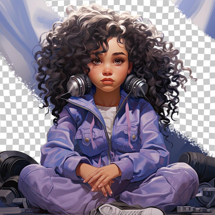 PSD uma menina calma com cabelos encaracolados da etnia africana vestida com roupas de mecânico de carros posa em um estilo sitting with legs stretched out contra um fundo pastel periwinkle