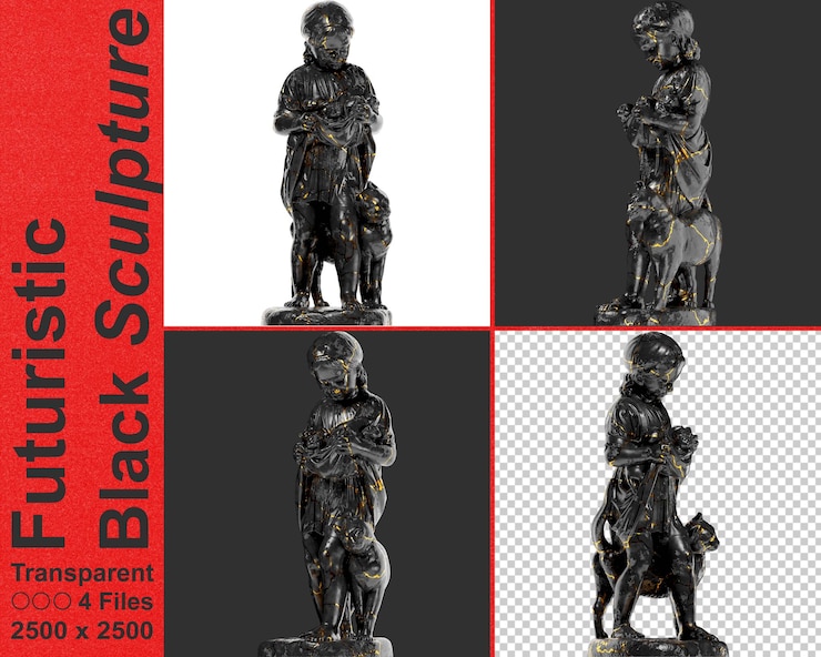 PSD uma menina com gatinhos busto de retrato renascentista em mármore preto e ouro