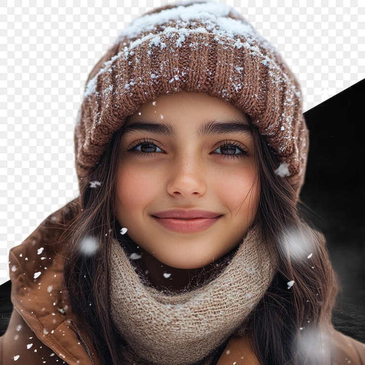 PSD uma menina com um chapéu de neve e um lenço na cabeça