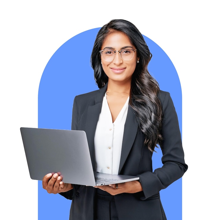 PSD uma menina com um laptop em isolated background removed png