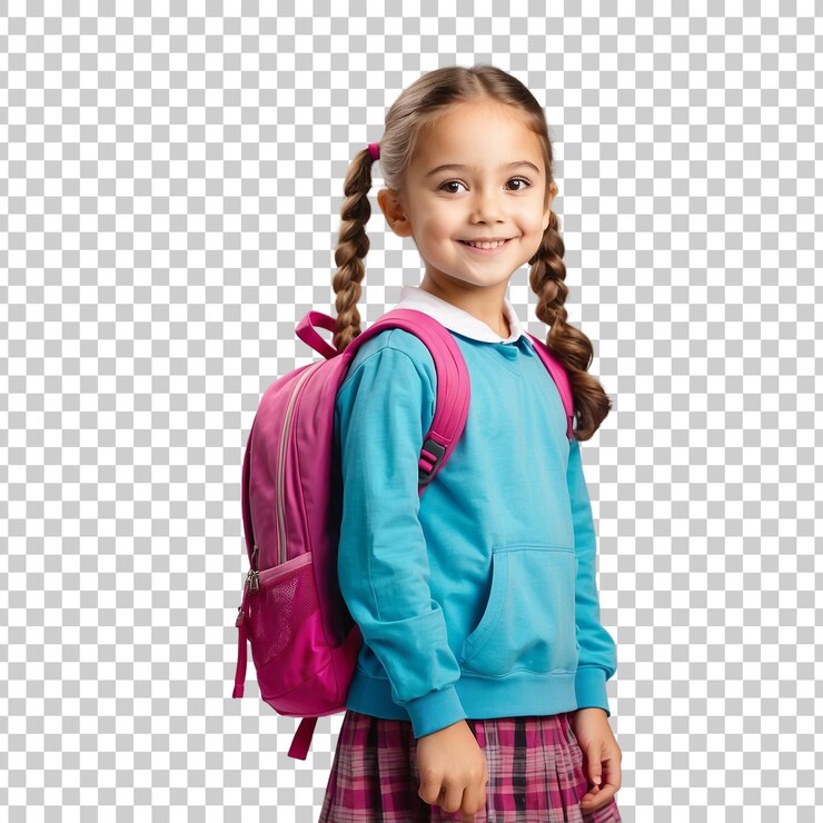 PSD uma menina com uma mochila roxa e uma mochila violeta