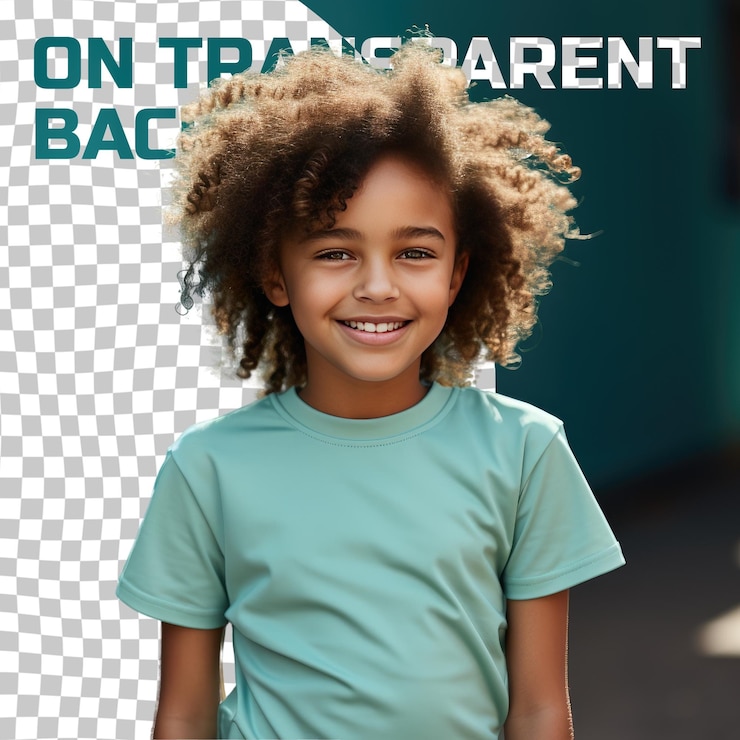 PSD uma menina confiante com cabelos encaracolados da etnia africana vestida com roupas de corrida no parque posa com os olhos para baixo com um estilo de sorriso contra um fundo pastel teal