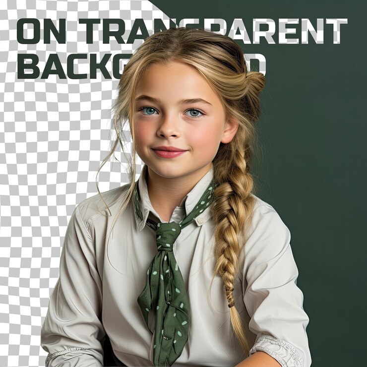 PSD uma menina confiante de cabelos loiros da etnia nórdica vestida com trajes de matemático posa em um estilo casual hair tug contra um fundo verde pastel