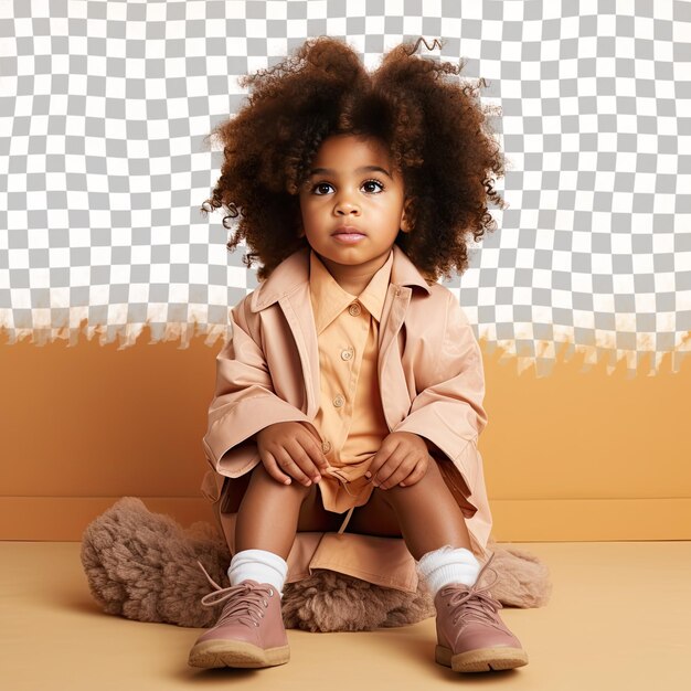 Uma menina confusa com cabelo pervertido da etnia nórdica vestida com trajes de mediador posa em um estilo sitting with legs stretched out contra um fundo de creme pastel