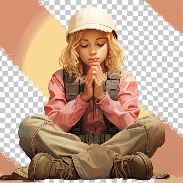 PSD uma menina criança compassiva com cabelo loiro da etnia nórdica vestida com trajes de construtor posa em um estilo sitting with hands clasped contra um fundo de creme pastel