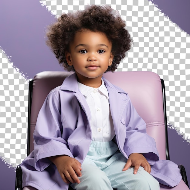 PSD uma menina criança compassiva com cabelo pervertido da etnia afro-americana vestida com trajes de neonatologista posa em comprimento completo com um estilo prop como uma cadeira contra uma lavanda pastel