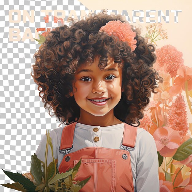 PSD uma menina criança empática com cabelo encaracolado da etnia nativa americana vestida com roupas de jardinagem no quintal posa em uma cabeça inclinada com um estilo de sorriso contra um fundo de coral pastel