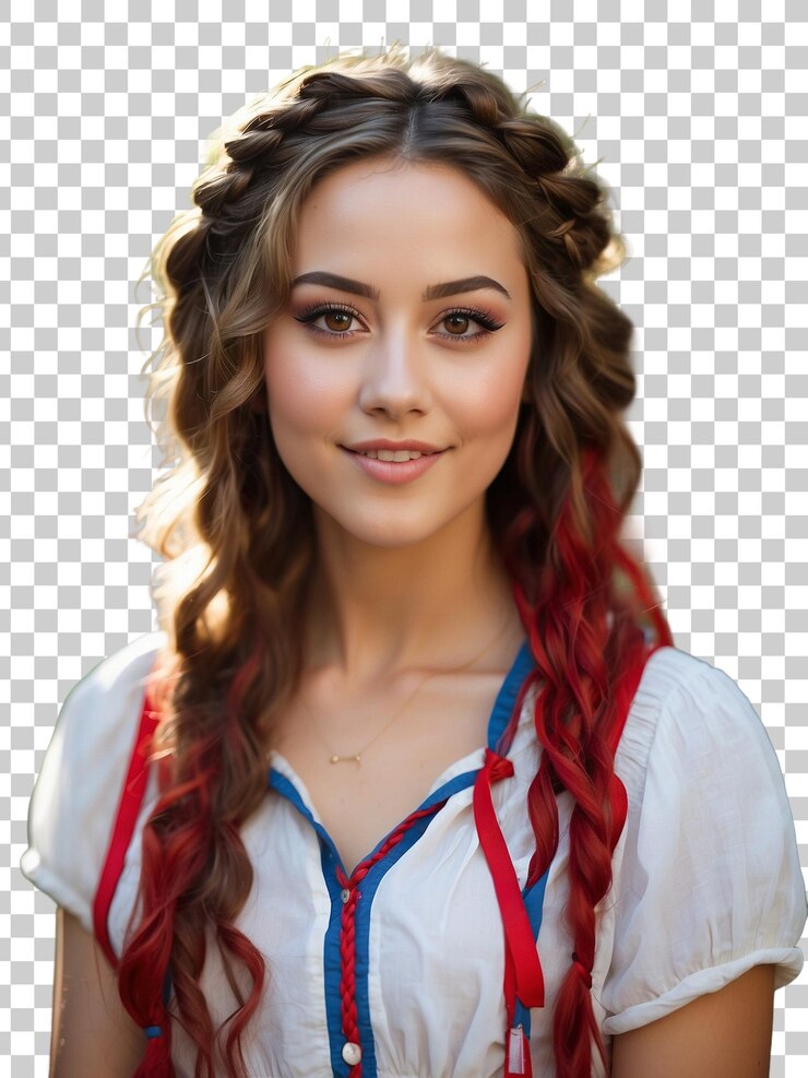 PSD uma menina de cabelo vermelho vestindo uma camisa azul com tranças vermelhas e cor-de-rosa