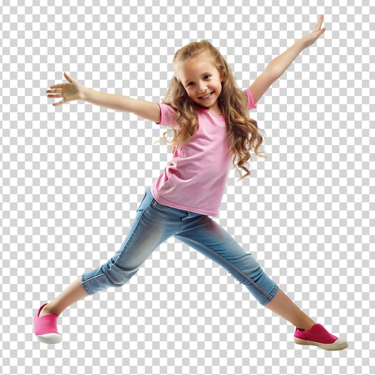 PSD uma menina de camisa roxa está de pé em uma perna e tem os braços em fundo transparente