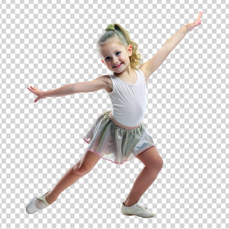 PSD uma menina de camisa roxa está de pé em uma perna e tem os braços em fundo transparente