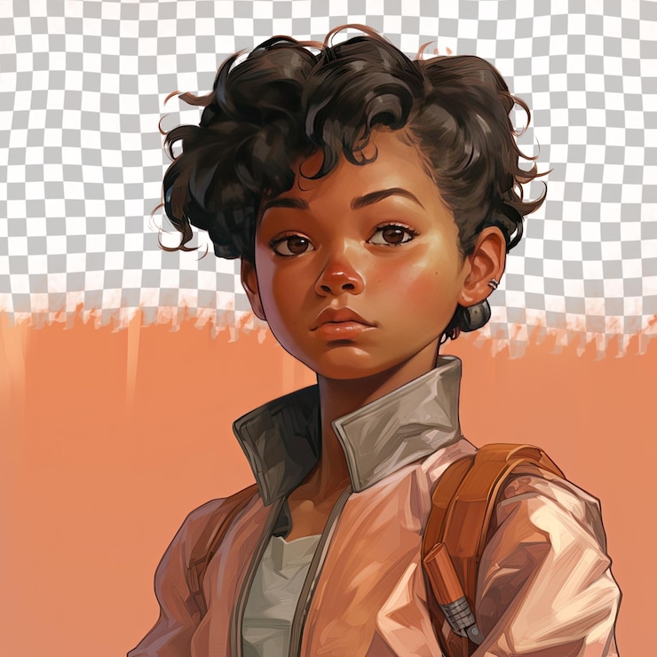 PSD uma menina de idade infantil com cabelos curtos de etnia africana vestida com trajes de maquinista posa em um estilo sideways glance contra um fundo de pêssego pastel