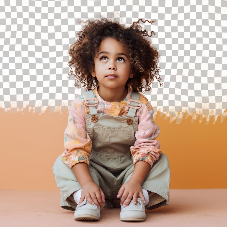 PSD uma menina de pré-escolar com cabelos encaracolados da etnia aborígene australiana vestida com roupas de projetos diy posa em um estilo inclinado para a frente com cotovelos nos joelhos contra um passado