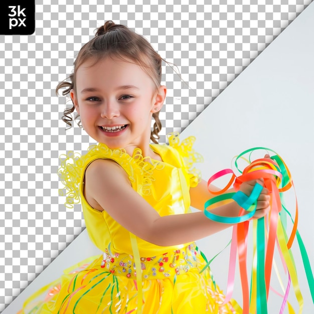 PSD uma menina de vestido amarelo segura uma fita colorida