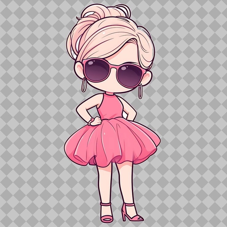 PSD uma menina de vestido rosa com óculos de sol em um fundo cinza