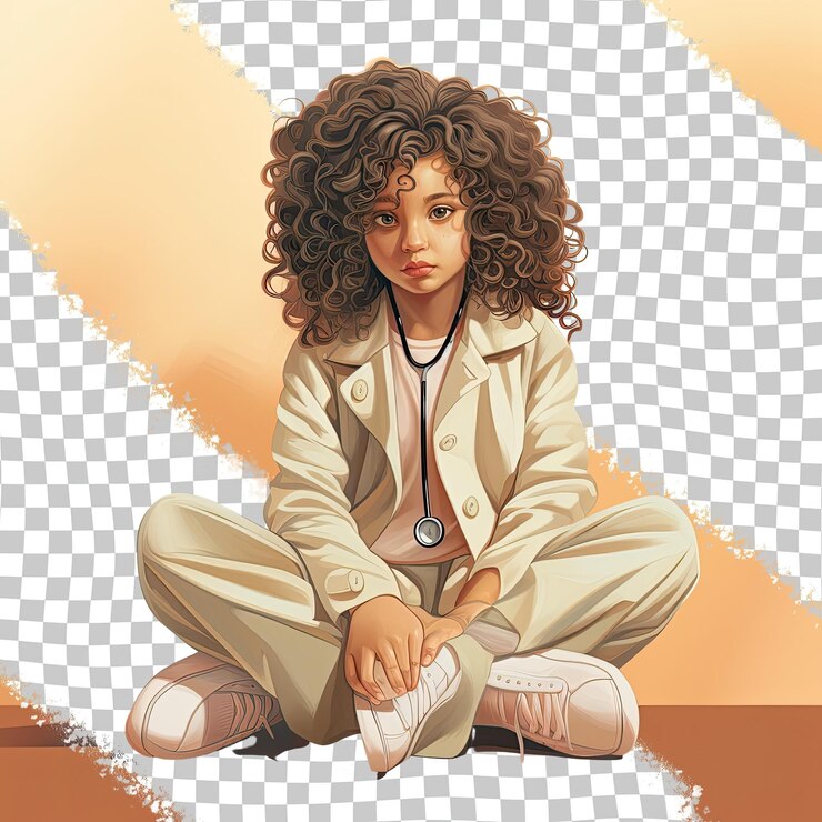 PSD uma menina desesperada com cabelos encaracolados da etnia escandinava vestida com trajes de neurocirurgião posa em um estilo sitting with legs stretched out contra um fundo beige pastel