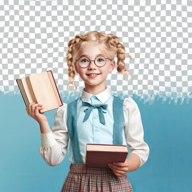 Uma menina determinada com cabelo loiro da etnia eslava vestida com trajes de bibliotecária posa em um estilo de pé com os braços levantados contra um fundo azul pastel