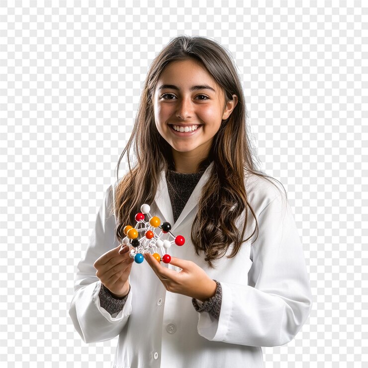PSD uma menina em uma bata de laboratório segura uma barra de doces com uma foto de uma menina