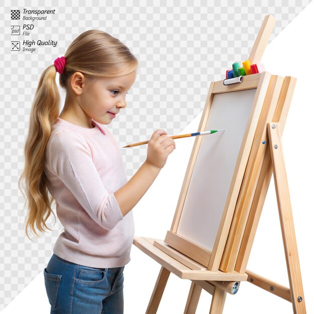 PSD uma menina está pintando uma imagem em um cavaleiro de madeira