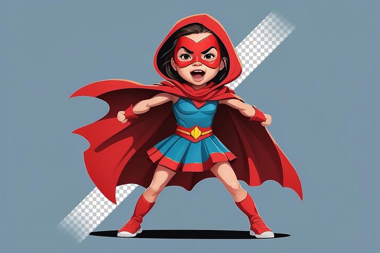 PSD uma menina guerreira engraçada com um traje de super-herói e uma máscara vermelha no rosto.