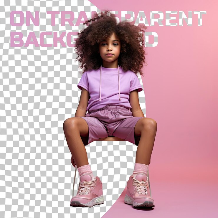 PSD uma menina infantil defensiva com cabelos pervertidos da etnia do sudeste asiático vestida com trajes de maratona de corrida posa em comprimento completo com um estilo prop como uma cadeira contra um bac pastel mauve