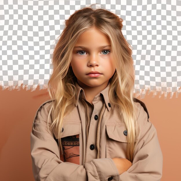 PSD uma menina inspirada com cabelo loiro da etnia nativa americana vestida com trajes de geógrafo posa em uma postura séria com os braços dobrados contra um fundo beige pastel