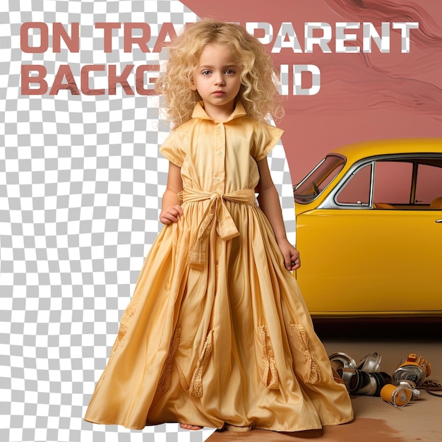 Uma menina nostálgica com cabelo loiro da etnia do oriente médio vestida com roupa de mecânico de carros posa em tamanho completo com estilo de vestido fluido contra um fundo de limão pastel