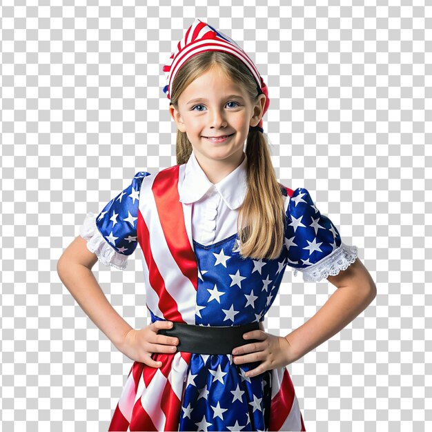 PSD uma menina orgulhosamente vestindo um traje de bandeira americana isolado em fundo transparente
