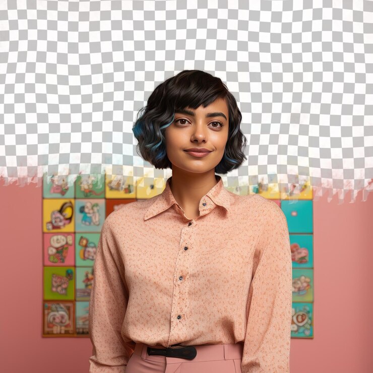 PSD uma menina otimista com cabelos curtos da etnia sul-asiática vestida com roupas de jogos de tabuleiro posa no estilo one hand on waist contra um fundo pastel rose