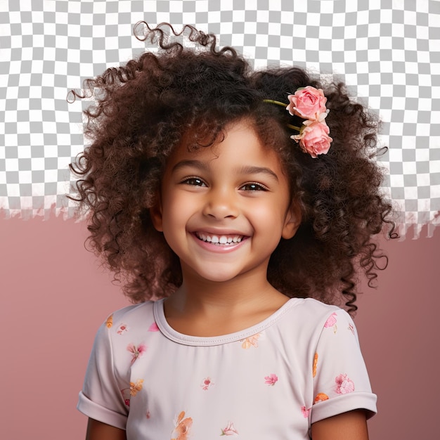 Uma menina pequena pessimista com cabelo encaracolado da etnia do sudeste asiático vestida com trajes de educadora de saúde posa com a cabeça inclinada com um estilo de sorriso contra um fundo de rosa pastel