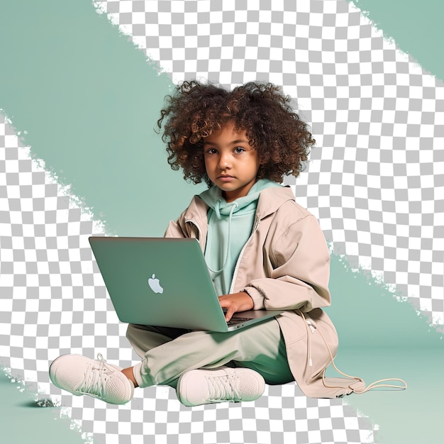 Uma menina pré-escolar confiante com cabelo encaracolado da etnia asiática vestida com roupa de programador de computador posa em um estilo inclinado para a frente com cotovelos nos joelhos contra um backg de menta pastel