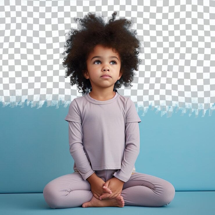 PSD uma menina pré-escolar inteligente com cabelo pervertido da etnia eslava vestida com trajes de ioga posa em um estilo standing with tilted hips contra um fundo pastel periwinkle