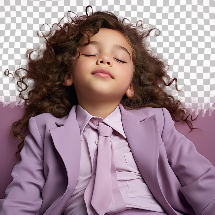 PSD uma menina pré-escolar rebelde com cabelos ondulados da etnia hispânica vestida com trajes de economista posa em um estilo de deitar-se com a cabeça apoiada contra um fundo de lilás pastel