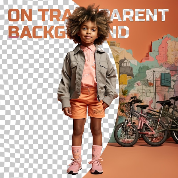 Uma menina pré-escolar relutante com cabelo curto da etnia afro-americana vestida com roupas de ciclismo pela cidade posa em um estilo de pé com um pé para a frente contra um coral pastel