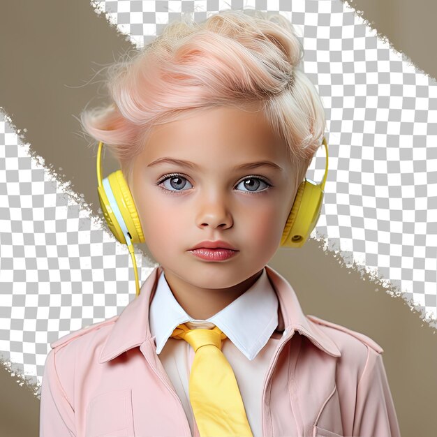 PSD uma menina pré-escolar serena com cabelo curto da etnia nórdica vestida com roupas representativas do call center posa em um estilo gentle hand on cheek contra um fundo pastel lemon