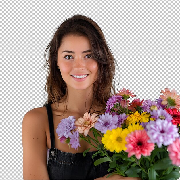 Uma menina segurando um buquê de flores com uma foto de uma menina