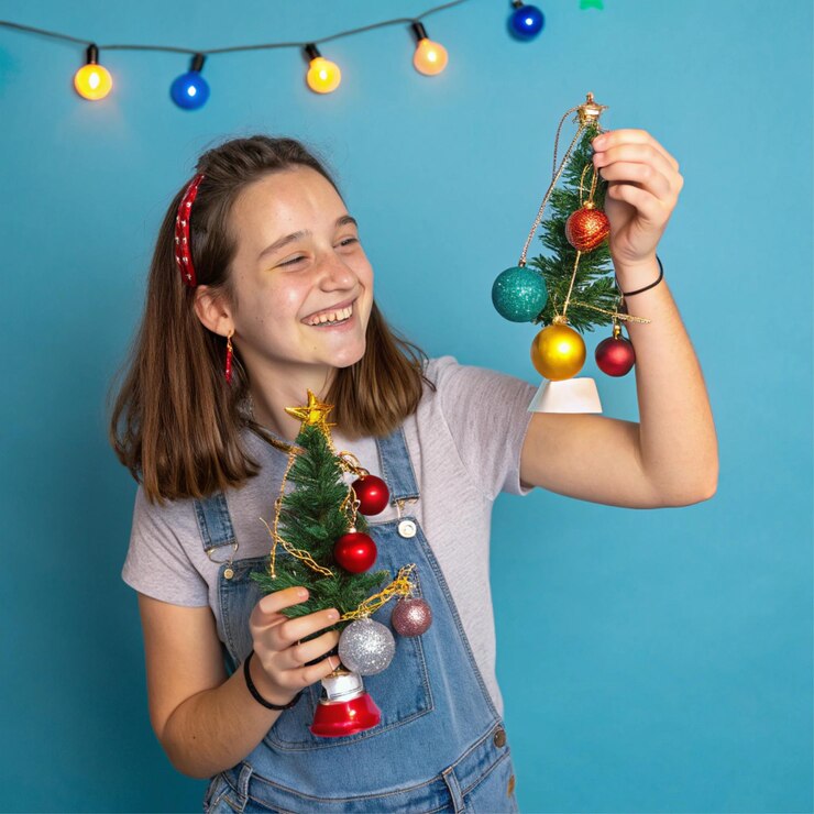 PSD uma menina segurando uma árvore de natal e um fundo azul com as palavras citação a palavra citação sobre ele