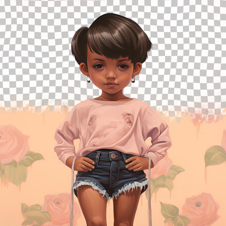 PSD uma menina toddle confiante com cabelo curto da etnia do sudeste asiático vestida com trajes de dança a música posa em uma postura relaxada com as mãos nos bolsos contra um estilo pastel rose bac